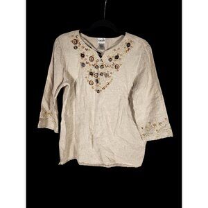 Chicos 2  Womens Linen Beaded Tunic Top Natural Boho Festival Earthwitch us/12